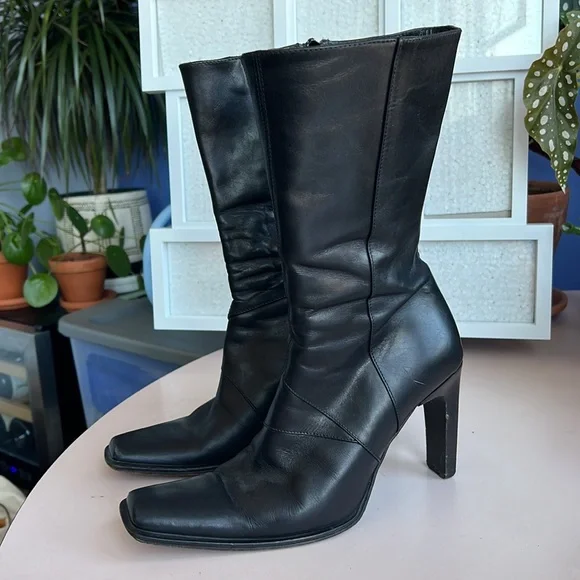 Charles David Black Leather Square-Toe Fitted Mid-Calf Boots Sz 38 - Picture 5 of 9